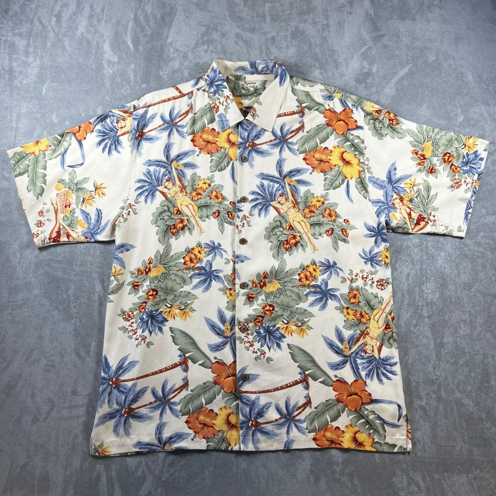 Vintage Tommy Bahama Mens Large Silk Hula Girl Tropical Floral Button Down Shirt